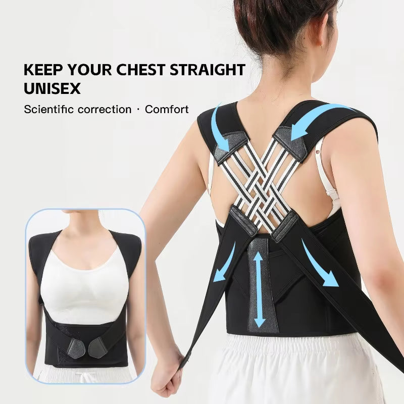 Unisex posture brace keeping chest straight, rear view on model