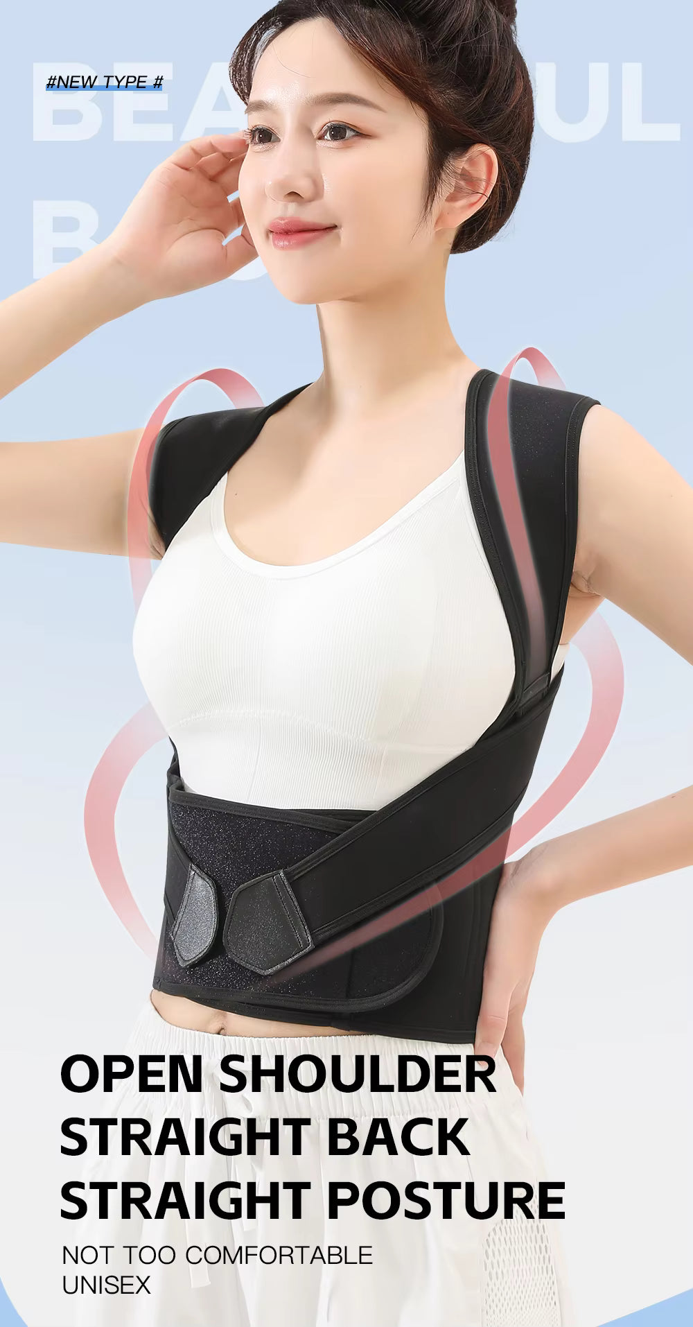Woman wearing posture corrector for open shoulders and straight back posture