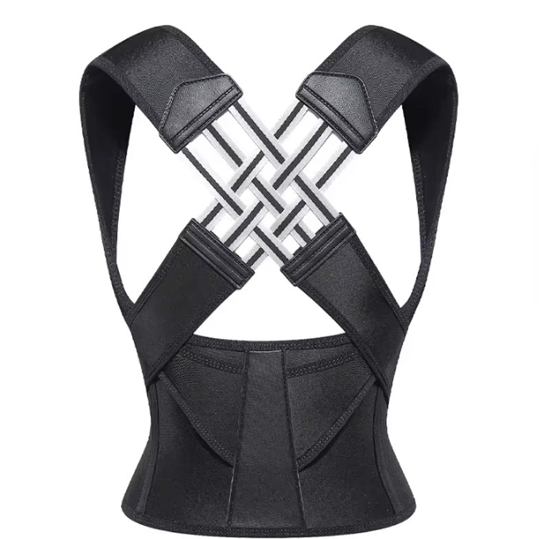 Black adjustable posture corrector brace with crossed shoulder straps, front view